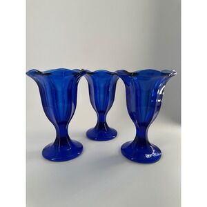 Vintage‎ Cobalt Blue Glass Sundae Dishes Set of 3 Ruffled Tulip Parfait Goblets
